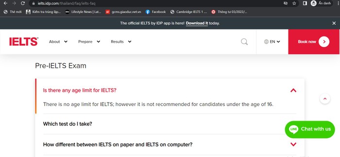 Ảnh chụp màn hình về phần trả lời độ tuổi giới hạn nên tham gia kỳ thi IELTS của Tổ chức giáo dục IDP (Nguồn: Website của tổ chức).