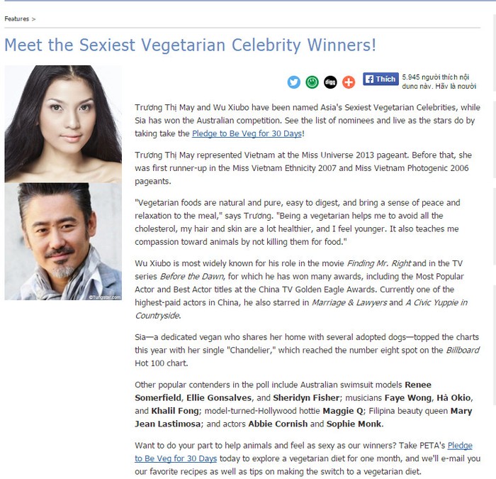 Thông tin Trương Thị May đoạt giải thưởng Mỹ nhân ăn chay hấp dẫn nhất châu Á 2014.