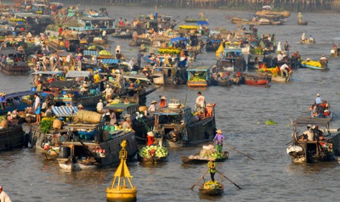 Toàn cảnh chợ hoa trên sông Cái Răng, Cần Thơ.