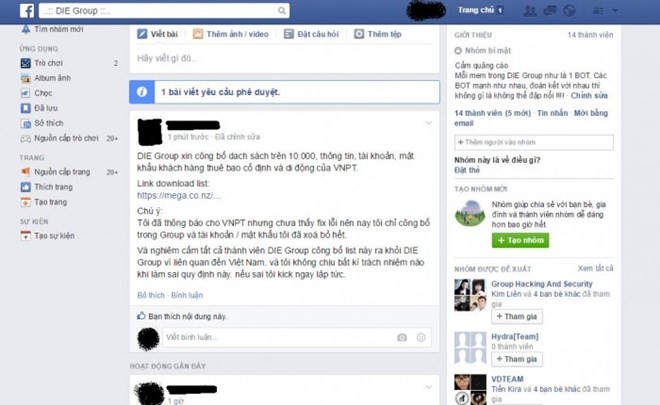 Thông báo trên Facebook của nhóm hacker DIE Group. (Nguồn: Securitydaily)