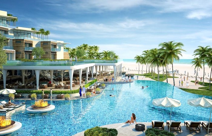 Bể bơi tràn bờ tại Condotel Premier Residences Phu Quoc Emerald Bay.