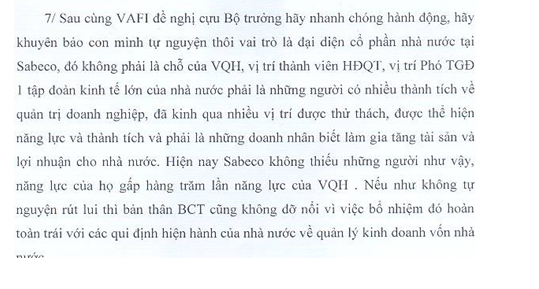 VAFI đề nghị cựu Bộ trưởng Vũ Huy Hoàng “hãy nhanh chóng hành động. Hãy khuyên bảo con mình tự nguyện thôi vai trò là đại diện cổ phần nhà nước tại Sabeco”.