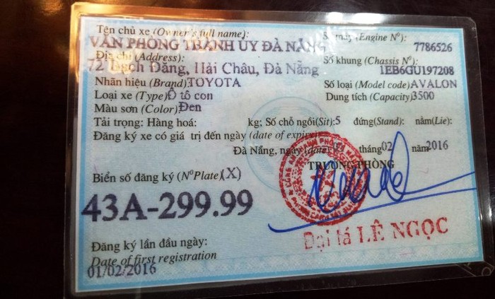 Giấy tờ xe do Công an thành phố Đà Nẵng cấp. Ảnh: ĐT