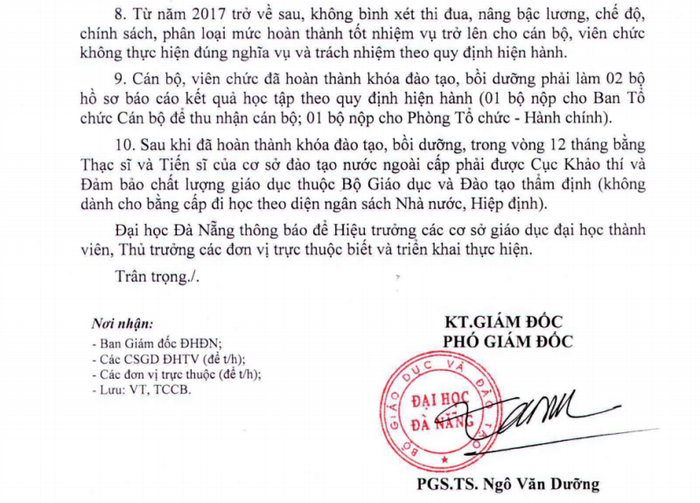 Thông báo của Đại học Đà Nẵng về rà soát cán bộ, giảng viên được cử đi học trong và ngoài nước. Ảnh: An Nguyên