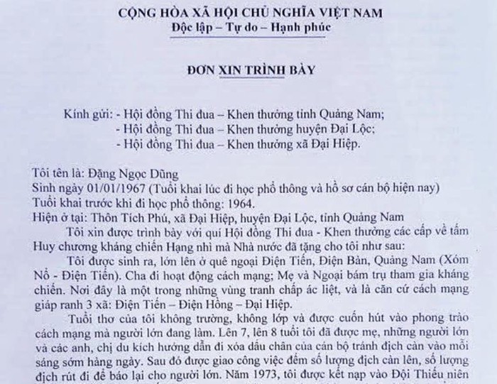 Đơn trình bày sự việc của ông Dũng gửi Hội đồng thi đua khen thưởng các cấp ở Quảng Nam. Ảnh: TT