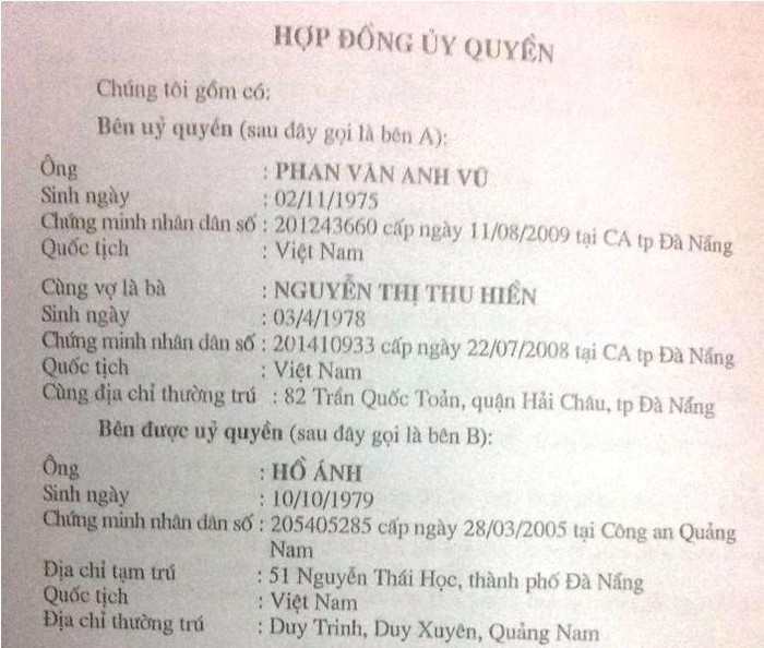 Hợp đồng ủy quyền sử dụng ngôi nhà số 51 Nguyễn Thái Học (Hải Châu, Đà Nẵng) giữa Vũ Nhôm và ông Hồ Ánh, nguyên thư ký cựu Bí thư Nguyễn Xuân Anh. Ảnh: CTV