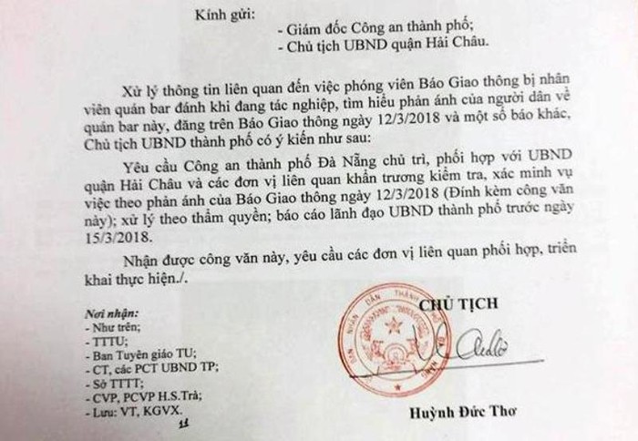 Công văn yêu cầu xử lý vụ việc của Chủ tịch Đà Nẵng. Ảnh: TT