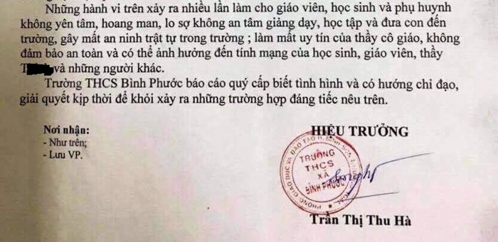 Công văn &quot;cầu cứu&quot; của Hiệu trưởng Trường trung học cơ sở Bình Phước (Bình Sơn) về trường hợp của thầy T. Ảnh: AN