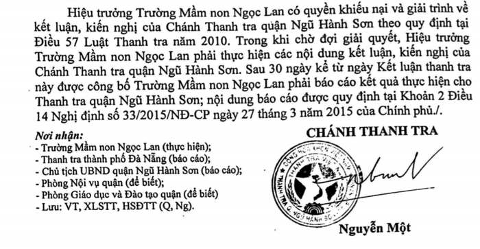 Cơ quan Thanh tra đã chỉ ra nhiều sai phạm trong các khoản thu, vận động đóng góp của Trường mầm non Ngọc Lan. Ảnh: AN