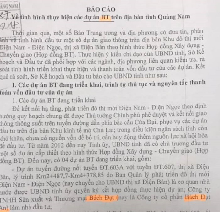 Quảng Nam đã có báo cáo về một số dự án BT trên địa bàn. Ảnh: AN