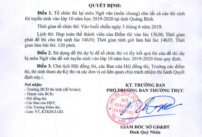 Quyết định cho tổ chức thi lại môn Ngữ văn của Quảng Bình. Ảnh: NP