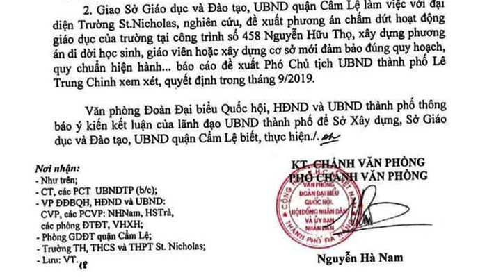 Văn bản thông báo kết luận của ông Đặng Việt Dũng - Phó Chủ tịch Ủy ban nhân dân thành phố Đà Nẵng về việc xử lý vướng mắc của Trường Trường tiểu học, Trung học cơ sở, Trung học phổ thông St. Nicholas.