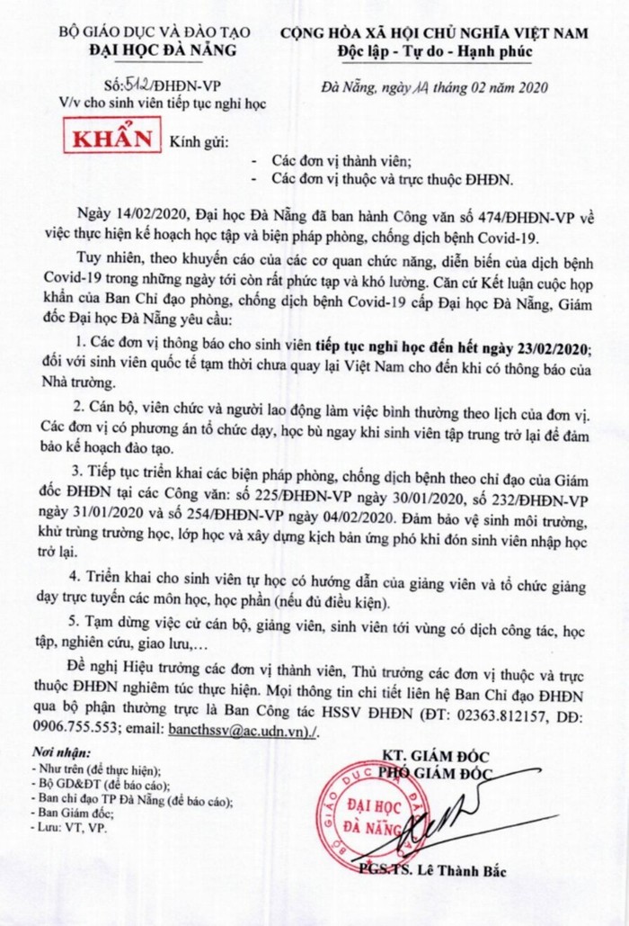 Công văn khẩn của Đại học Đà Nẵng về việc tiếp tục cho sinh viên nghỉ học đến hết ngày 23/2. Ảnh: TT