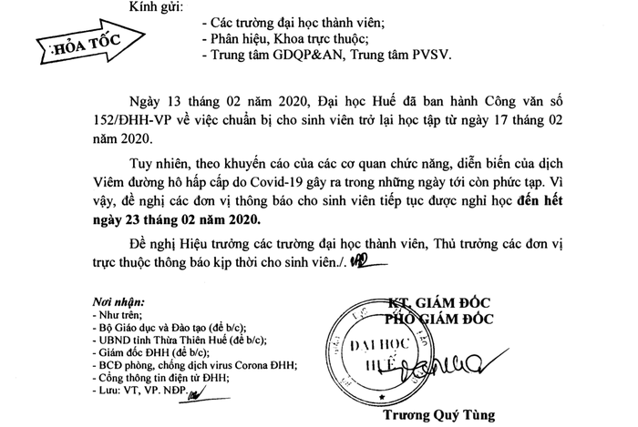 Công văn của Đại học Huế cho học sinh nghỉ học đến hết ngày 23/2. Ảnh: T.Tr