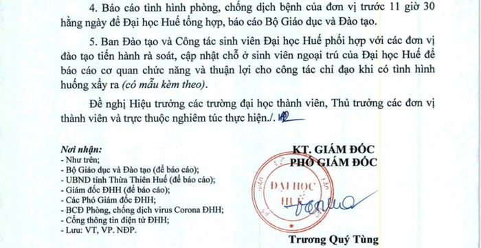 Công văn của Đại học Huế thông báo cho sinh viên đi học trở lại từ ngày 2/3. Ảnh: AN