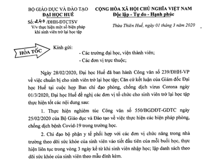 Công văn hỏa tốc về việc bảo đảm an toàn cho sinh viên khi đi học lại của Đại học Huế. Ảnh: TTr.