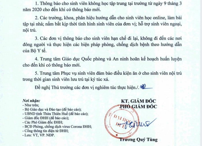 Đại học Huế thông báo cho sinh viên nghỉ học đến ngày 15/3 sau một tuần đi học trở lại từ ngày 2/3.