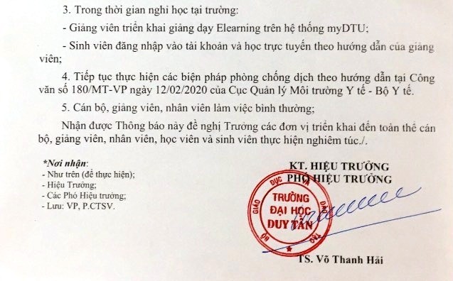 Công văn thông báo cho sinh viên nghỉ học từ ngày 9/3 của Trường Đại học Tân (Đà Nẵng). Ảnh: AN