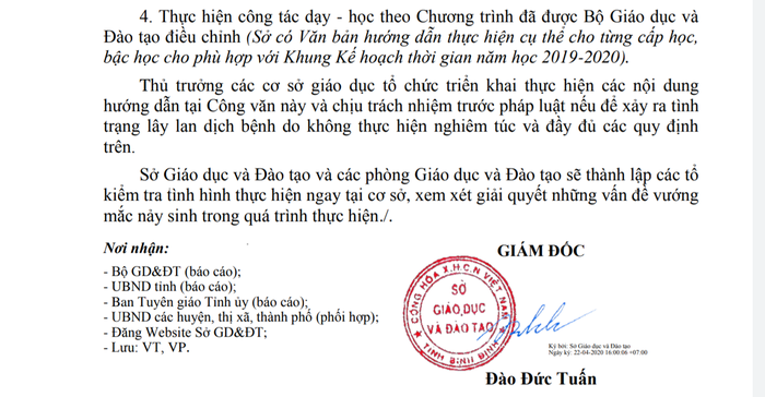 Công văn về việc cho học sinh sớm trở lại trường của Sở Giáo dục và Đào tạo tỉnh Bình Định. Ảnh: AP