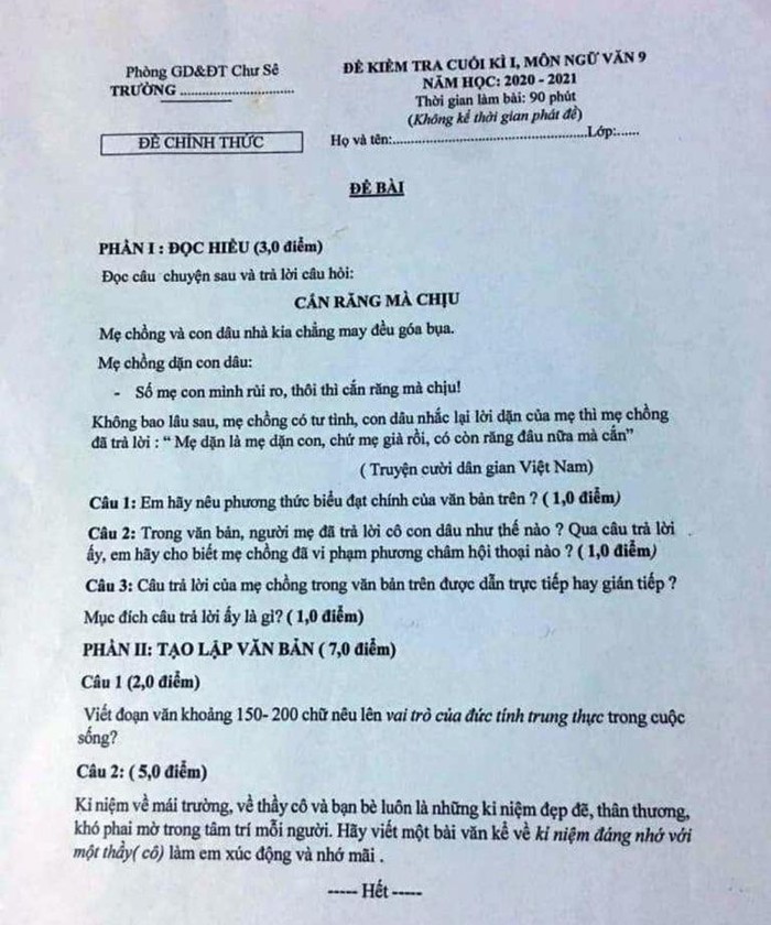 Đề kiểm tra cuối học kỳ 1 môn Ngữ văn lớp 9 có nội dung nhạy cảm thì ai chịu trách nhiệm? Ảnh: MT