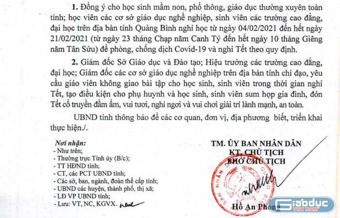 Công văn của Ủy ban nhân dân tỉnh Quảng Bình yêu cầu không giao bài tập về nhà cho học sinh trong kỳ nghỉ Tết. Ảnh: NP