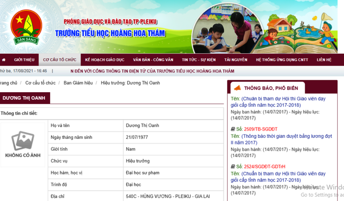 Trên Website của nhà trường, bà Oanh được giới thiệu có trình độ Đại học. Ảnh: MT