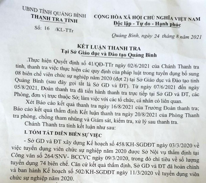 Tháng 8/2021, Thanh tra tỉnh Quảng Bình đã có kết luận về các sai phạm do ông Đinh Qúy Nhân, nguyên Giám đốc sở Giáo dục Quảng Bình trong việc ký 8 quyết định tuyển dụng. Ảnh: NP