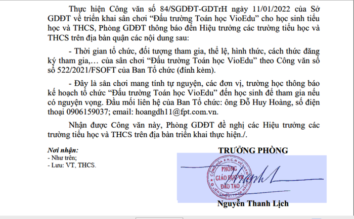 Công văn của phòng Giáo dục và Đào tạo quận Liên Chiểu gửi các trường về việc tham gia cuộc thi &quot;đấu trường toán học VioEdu&quot; do Công ty trách nhiệm hữu hạn phần mềm FPT tổ chức. Ảnh: AN