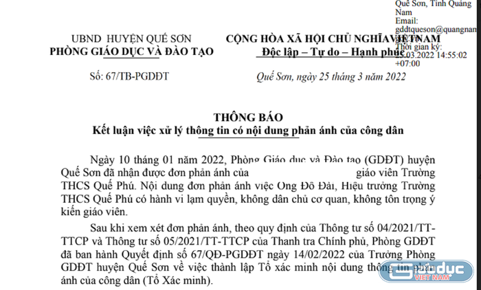 Thông báo kết luận xử lý thông tin phản ánh liên quan đến những sai phạm của Trường trung học cơ sở Quế Phú. Ảnh: AN