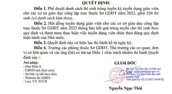 Quyết định phê duyệt thí sinh trúng tuyển kỳ tuyển dụng giáo viên trực thuộc Sở Giáo dục và Đào tạo Quảng Ngãi. Ảnh: AP