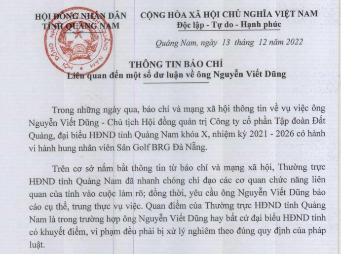 Hội đồng nhân dân tỉnh Quảng Nam thông tin về việc một đại biểu có hành vi hành hung nữ nhân viên sân golf. Ảnh: AN