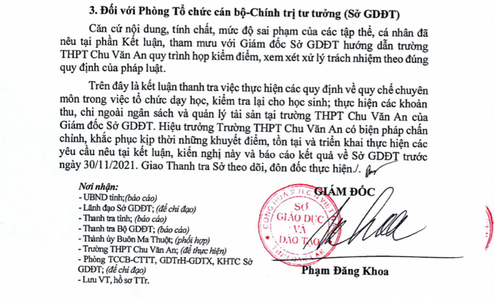 Kết luận Thanh tra năm 2021 chỉ rõ các sai phạm của Trường trung học phổ thông Chu Văn An. Ảnh: TM