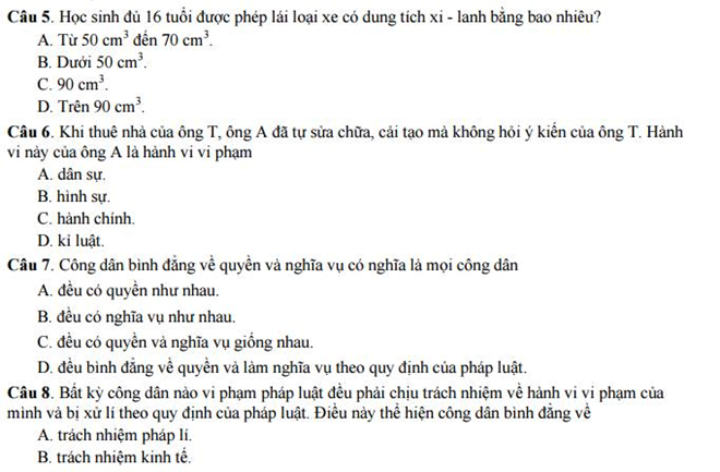 Đề thi minh họa kì thi Quốc gia 2017 môn Giáo dục công dân (Ảnh: infonet.vn).