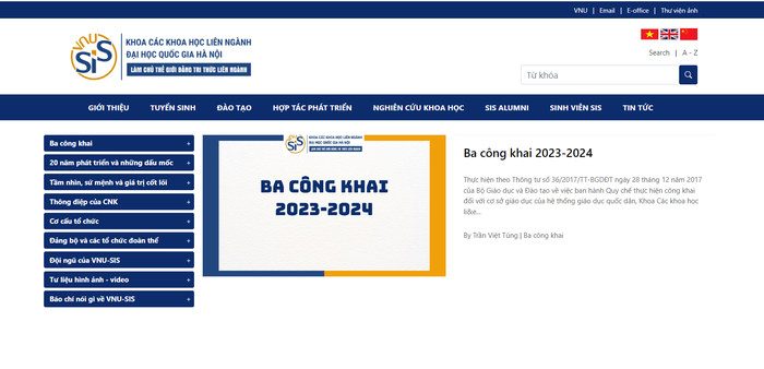 Báo cáo 3 công khai năm học 2023 - 2024 được Khoa Các Khoa học liên ngành đăng tải trên website. Ảnh chụp màn hình.