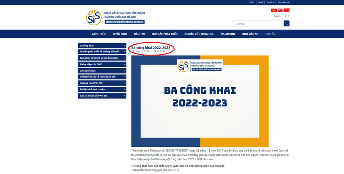 Báo cáo 3 công khai năm 2022 - 2023 sau khi Khoa Các Khoa học liên ngành hiệu chỉnh. Ảnh chụp màn hình.