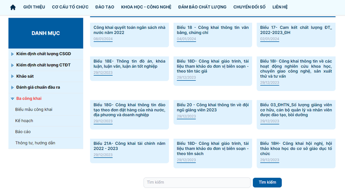 Các mục trong báo cáo 3 công khai năm học 2022 - 2023 của Trường Đại học Khoa học, Đại học Thái Nguyên đã hiệu chỉnh ngày 29/12/2023. Ảnh chụp màn hình