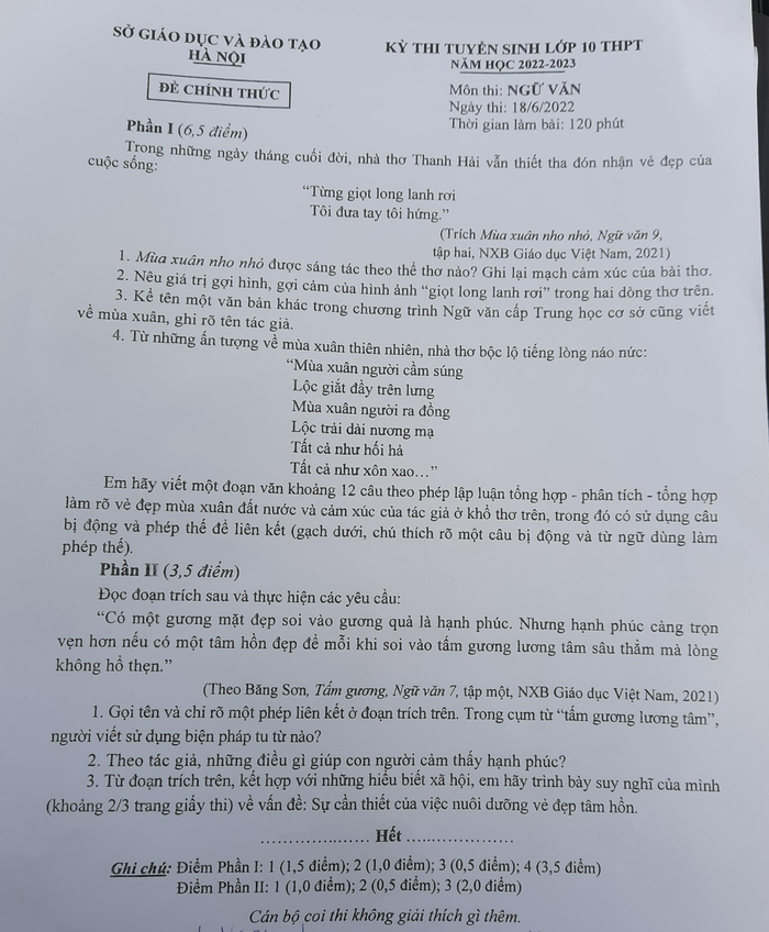 Đề thi môn Ngữ văn vào 10 ở Hà Nội