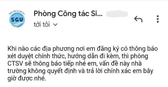 Câu trả lời khi T.N gửi thắc mắc về việc đơn đề nghị nhận hỗ trợ đã được duyệt chưa. Ảnh: NVCC