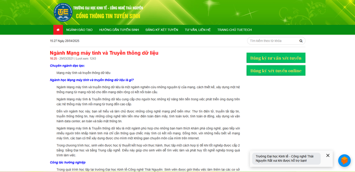 Ngành Mạng máy tính và truyền thông dữ liệu được giới thiệu trên trang tuyển sinh của trường, không rõ năm mở ngành. Ảnh chụp màn hình Ảnh chụp màn hình 2025-04-28 153050.png