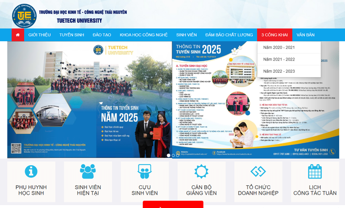 Nhà trường có mục 3 công khai được thiết kế ngay trang chủ. Ảnh chụp màn hình Ảnh chụp màn hình 2025-04-29 093253.png