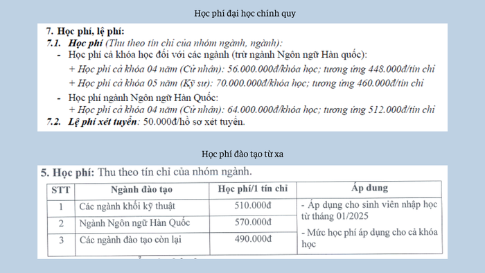 Thông tin học phí hai chương trình đào tạo đại học chính quy và từ xa tại Trường Đại học Kinh tế - Công nghệ Thái Nguyên. Ảnh chụp màn hình Trường ĐH Kinh tế - Công nghệ Thái Nguyên (2).png