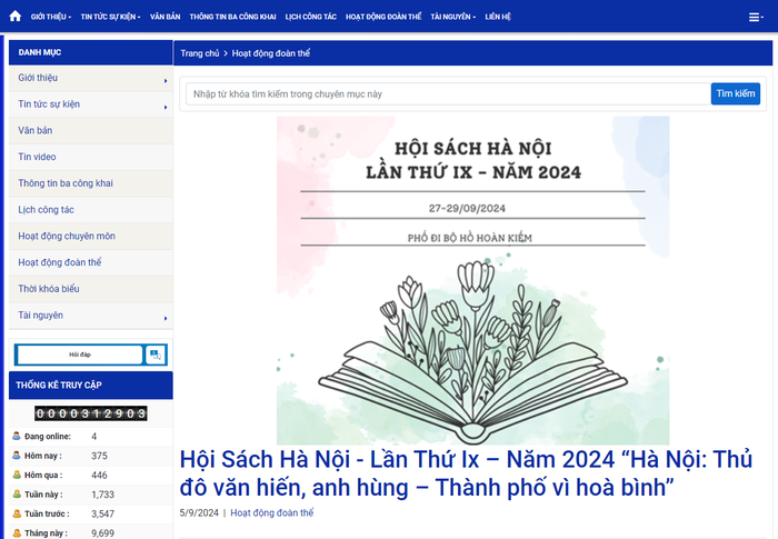 Hiệu trưởng nhà trường cho biết, kế hoạch trải nghiệm GDQP và AN này sẽ được công khai trên website trường sau khi được phê duyệt. Tuy nhiên thời điểm phóng viên truy cập (chiều ngày 17/10) vẫn không tìm thấy thông tin đăng tải trên mục "ba công khai" và "hoạt động đoàn thể". Ảnh chụp màn hình Screenshot 2024-10-17 154827.png