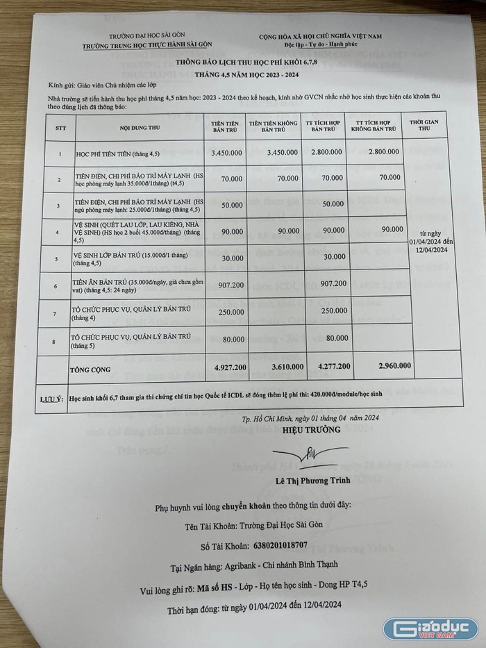 Thông báo lịch thu học phí tháng 4,5 của học sinh khối 6,7,8 Trường trung học thực hành Sài Gòn (ảnh: PHCC) gdvn_thongbaolichthuHP.jpg