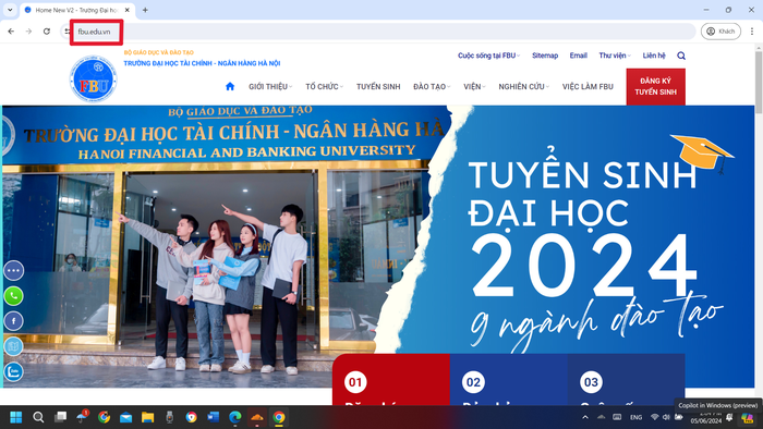 Đường link được cung cấp trong đề án tuyển sinh năm 2024 của Trường Đại học Tài chính – Ngân hàng Hà Nội chỉ dẫn tới trang chủ chung của trường. Ảnh: Chụp màn hình Screenshot 2024-06-05 140420.png