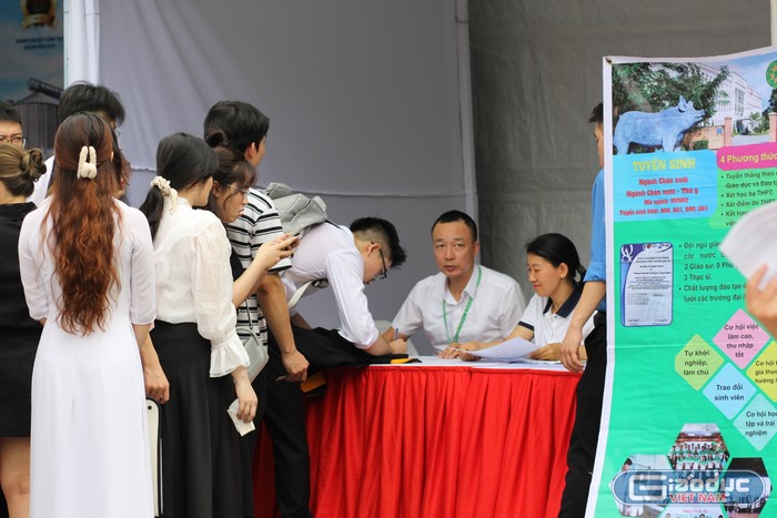 Sinh viên Học viện Nông nghiệp Việt Nam giao lưu, tìm hiểu tại các gian hàng của doanh nghiệp. Ảnh: CA GDVN_Ngày hội việc làm 1.JPG
