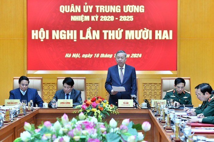 Tổng Bí thư Tô Lâm, Bí thư Quân ủy Trung ương phát biểu tại hội nghị. (Ảnh: Đăng Khoa)