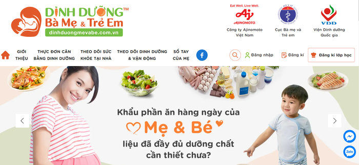 Giao diện Phần mềm Dinh dưỡng Bà mẹ và Trẻ em.