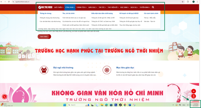 Phần thông tin công khai trên website Trường Ngô Thời nhiệm chỉ có mục “Công khai”, tại đây, phóng viên chỉ tìm thấy các thông tin của cơ sở Thành phố Hồ Chí Minh. Ảnh chụp màn hình vào ngày 3/3/2025.