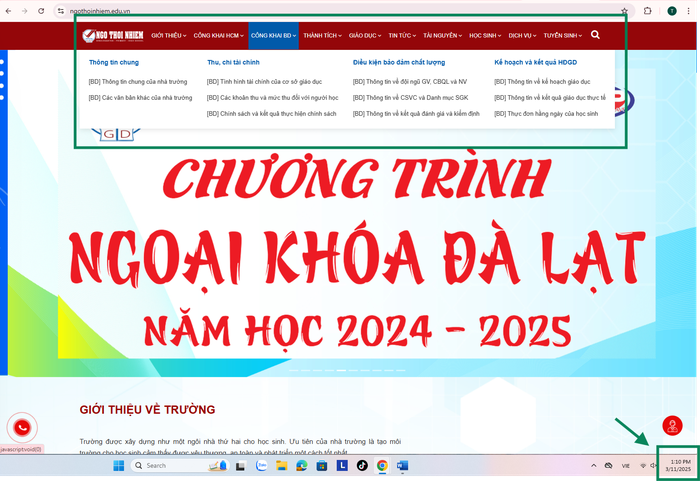 Ngày 11/3, website nhà trường đã có mục công khai của cơ sở Bình Dương và đăng biểu mẫu (theo thông tư 36/2017/TT-BGDĐT) Ảnh chụp màn hình ngày 11/3/2025