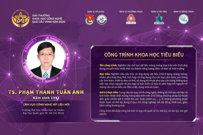 Tiến sĩ Phạm Thanh Tuấn Anh là một trong 10 nhà khoa học trẻ vừa được vinh danh Giải thưởng Khoa học công nghệ Quả cầu vàng 2024. Ảnh: Website Phòng Thí nghiệm Vật liệu Kỹ thuật cao, Trường Đại học Khoa học tự nhiên, Đại học Quốc Gia Thành phố Hồ Chí Minh. Tiến sĩ Phạm Thanh Tuấn Anh là một trong 10 nhà khoa học trẻ vừa được vinh danh Giải thưởng Khoa học công nghệ Quả cầu vàng 2024. Ảnh: Website Phòng Thí nghiệm Vật liệu Kỹ thuật cao, Trường Đại học Khoa học tự nhiên, Đại học Quốc Gia Thành phố Hồ Chí Minh.